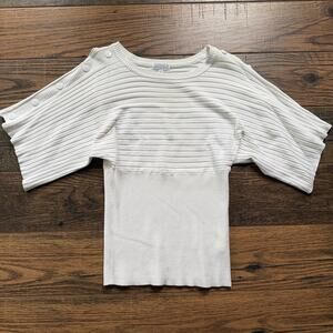 Joseph A White Ribbed Knit Top Button Shoulder Short Sleeve Sweater Style Sz M